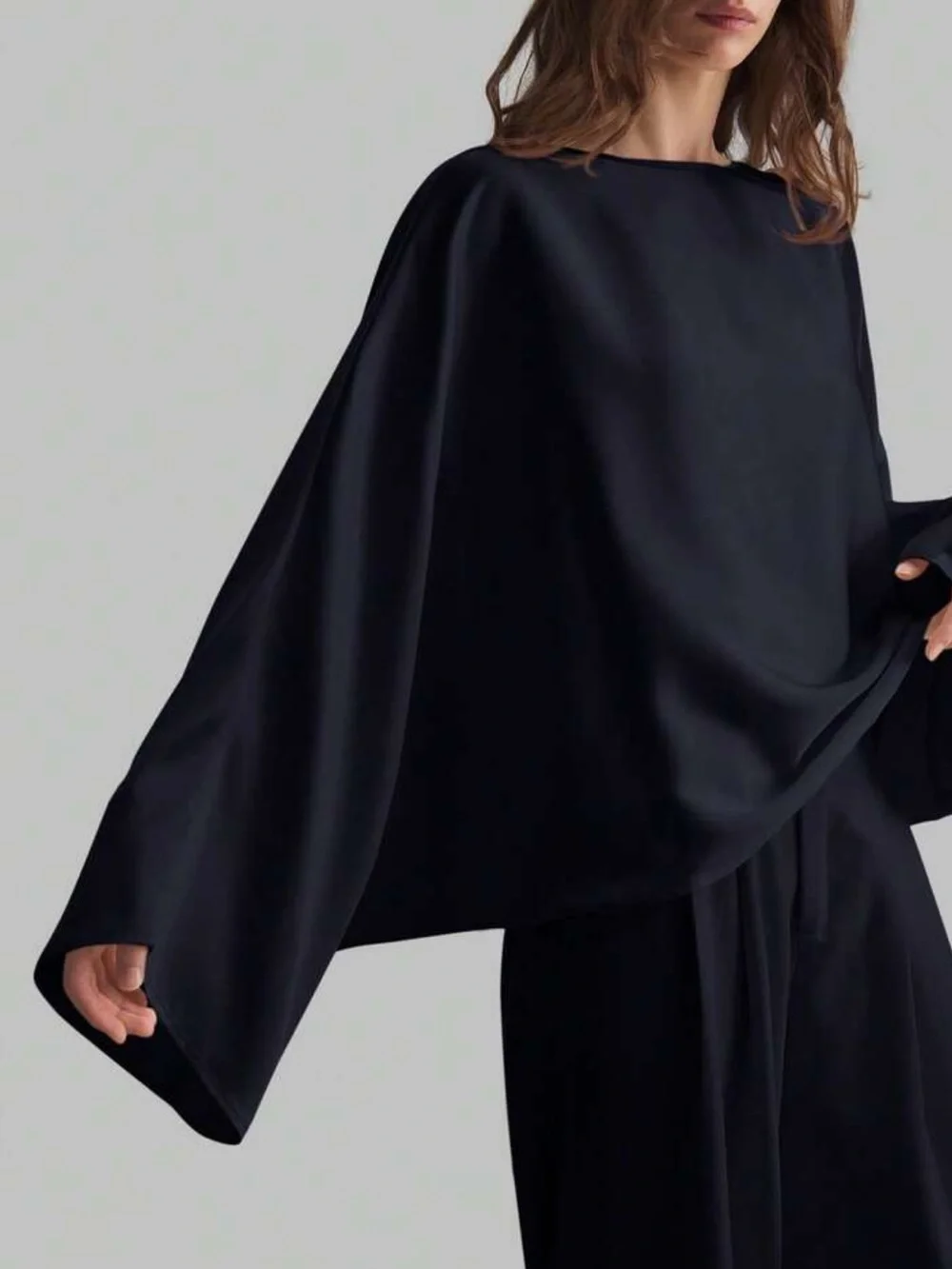 Dark navy blue Satin Wide-Sleeve Sleep Top